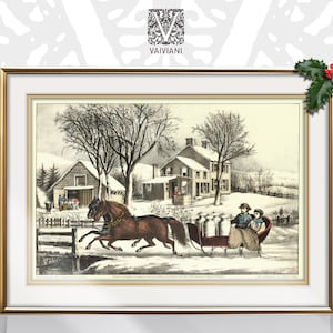 Country Winter Sleigh Ride Wall Art Vintage Rustic Farmhouse Holiday Seasonal Decor Printable Christmas Etching Sketch Downloadable Print