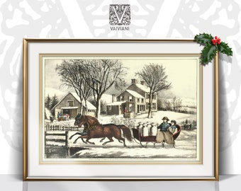 Country Winter Sleigh Ride Wall Art Vintage Rustic Farmhouse Holiday Seasonal Decor Printable Christmas Etching Sketch Downloadable Print