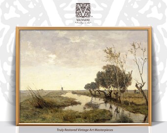May include: A vintage oil painting depicting a tranquil landscape with a winding river, lush greenery, and a distant windmill. The sky is a soft, pale blue with wispy clouds. The painting is framed in a simple gold frame.