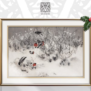 Vintage rustiek winterlandschap antieke besneeuwde vogels schilderij afdrukbare land boerderij vakantie decor humeurige muur kunst downloadbare prints