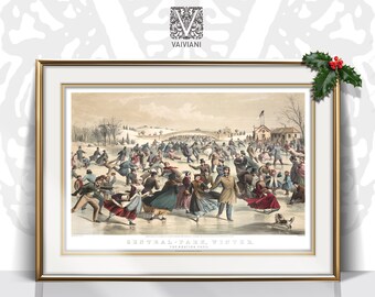 May include: An antique print depicting a winter scene in Central Park, New York City. The print shows people ice skating on a frozen lake, with a bridge and buildings in the background. The text "CENTRAL PARK WINTER. THE GREAT ICE PATH." is printed at the bottom of the print.