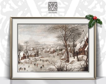 Winter Wonderland Wall Art Vintage Christmas Village Oil Painting Snow Landscape Skating on Ice Antique Printable Prints Holiday Muted Decor