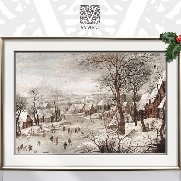 Winter Wonderland Wall Art Vintage Christmas Village Oil Painting Snow Landscape Skating on Ice Antique Printable Prints Holiday Muted Decor