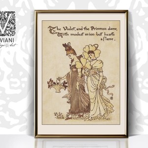 以下が含まれることがあります： ビクトリア朝時代の服装をした2人の女性を描いたヴィンテージイラスト。左の女性は花かごを持っており、右の女性は頭に花をつけています。テキストには「The Violet, and the Primrose dame, With modest mien but hearts a flame.」とあります。