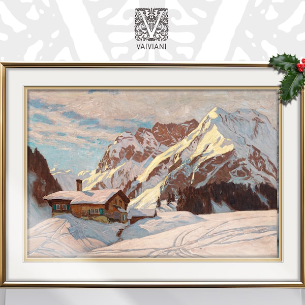 Winter Landscape Majestic Mountains Rustic Oil Painting Vintage Cottage Print Printable Wall Art Antique Cozy Alpine Chalet Digital Download