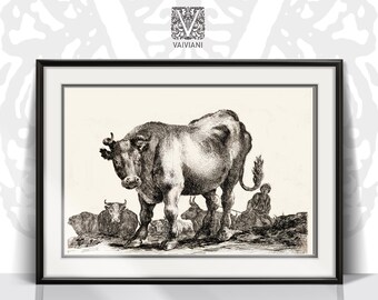 Könnte beinhalten: Eine Schwarzweiß-Gravur eines großen Stiers, der auf einem Feld mit anderen Rindern und einer Person im Hintergrund steht.