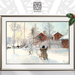 Country Winter Christmas Kid Sled Ride Vintage Watercolor Painting Holiday Decor Farmhouse Printable Digital Downloadable Rustic Wall Art
