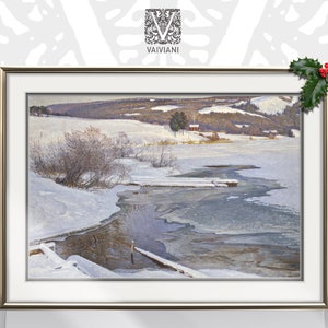 Winter Cottage Landscape Print Painting Christmas Rustic Wonderland Decor Snow Digital Download Vintage Forest Printable Art Cozy Country