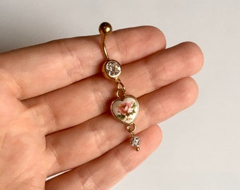 Vintage Glass Rose Heart Dangle Belly Button Ring