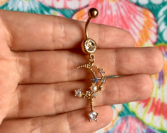 Crystal Moon & Pearl Belly Button Ring