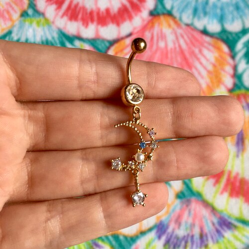 Crescent Filigree Moon Star Sparkle Belly Button Ring Etsy