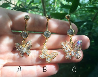 18k Gold Zircon Crystal Butterfly Belly Button Ring