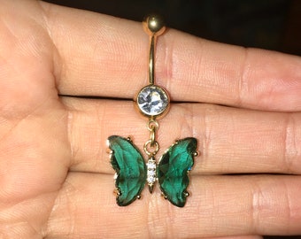 Emerald Crystal Butterfly Belly Button Ring