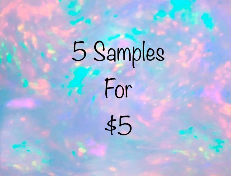 May include: An abstract background with a mix of pink, blue, and green colors. The text "5 Samples For $5" is written in black, centered on the image. The background has a shimmering, iridescent effect.