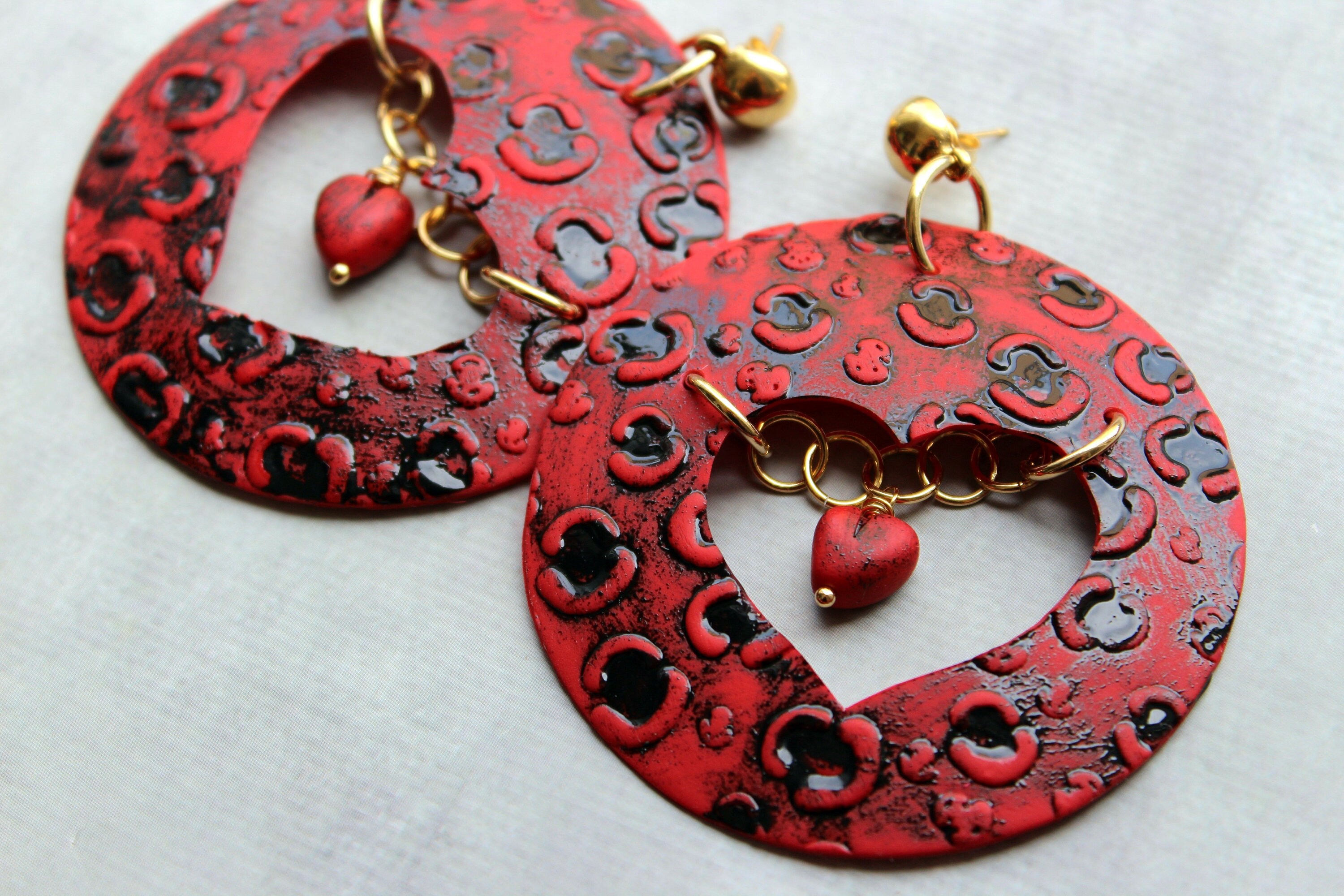 Red heart hoop earrings OOAK Bold color earrings Oversized Etsy