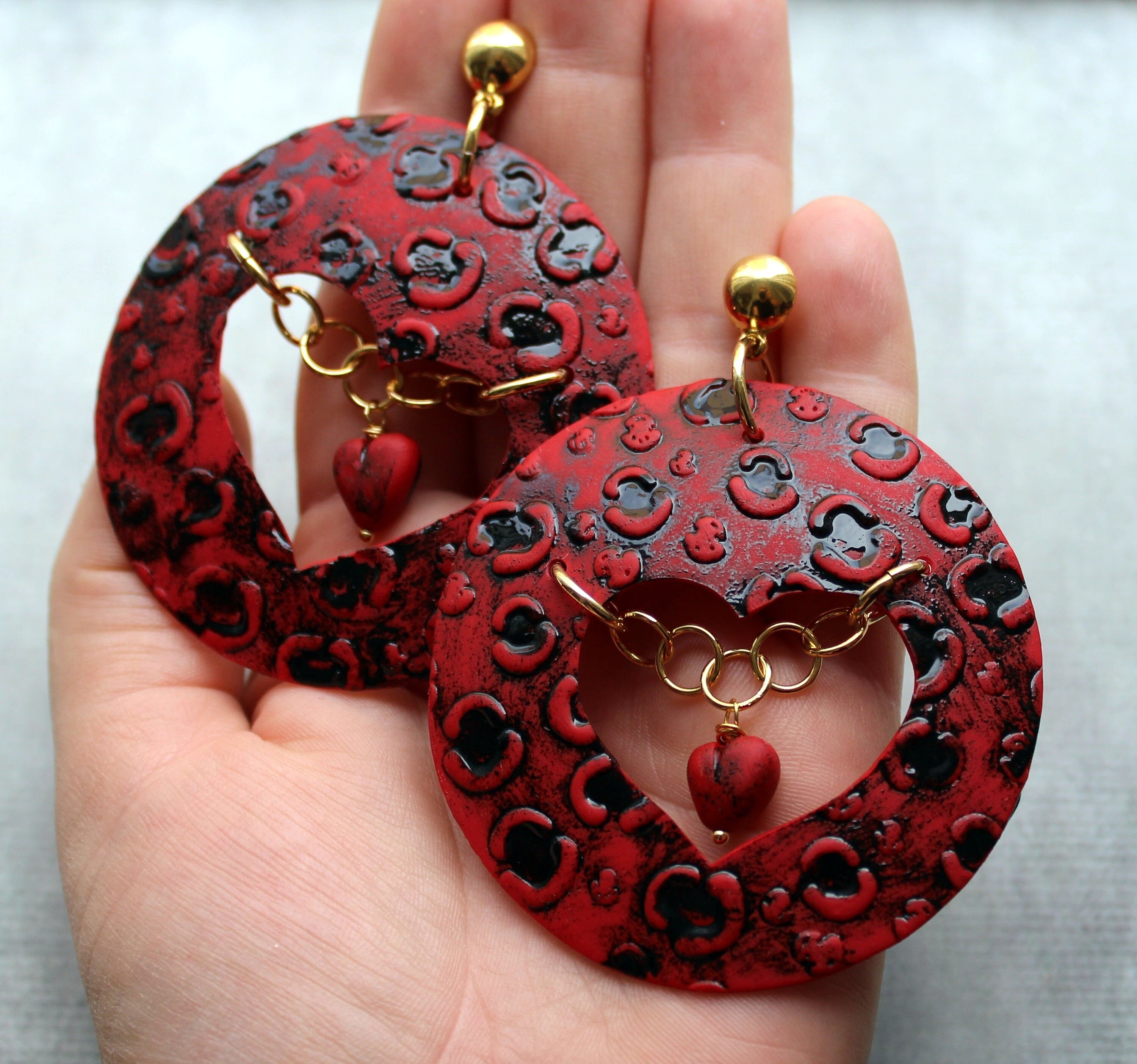 Red heart hoop earrings OOAK Bold color earrings Oversized Etsy