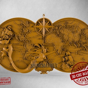 Boussole carte du monde, modèle 3D stl 6611, pour routeur CNC, graveur, machine à découper, relief, Artcam, Aspire, VCarve, Cutt3D