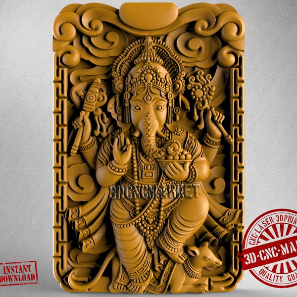 Indian Elephant God Ganesha, 3D Stl Model 1355, for CNC Router Engraver, Carving Machine, Relief, Artcam, Aspire, VCarve, Cutt3D