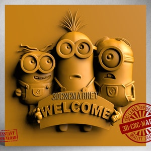 Minions Welcome , 3D Stl Model 10361, for CNC Router Engraver, Carving Machine, Relief, Artcam, Aspire, VCarve, Cutt3D