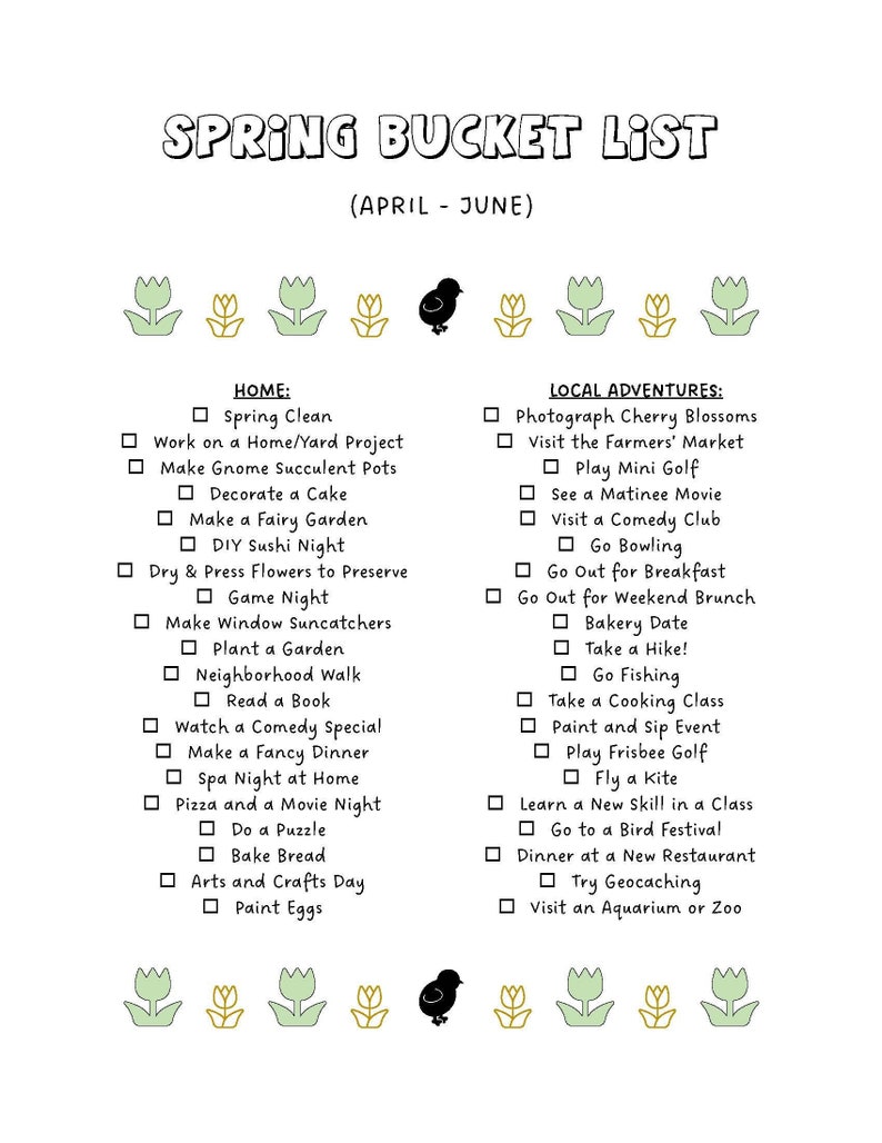 Spring Bucket Checklist Spring Bucket List Printable - Seasonal Bucket List - Spring Fun ...