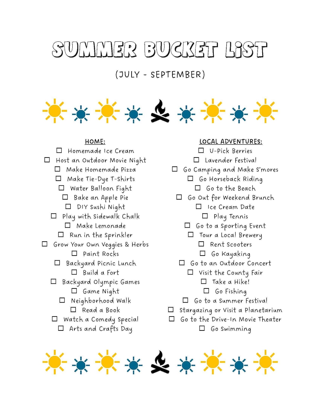 Summer Bucket List Printable - Seasonal Bucket List - Summer Fun ...