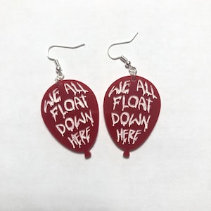 We All Float Down Here laser cut earrings red balloon Georgie IT Spooky Season Halloween Jewelry acrylic clown