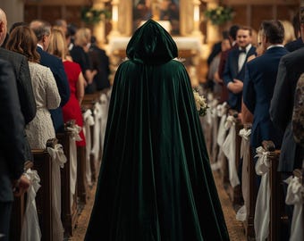 May include: A person in a dark green hooded cloak walks down the aisle of a church, holding a bouquet. Guests in formal attire line the pews, decorated with white bows. The scene suggests a wedding or formal event.