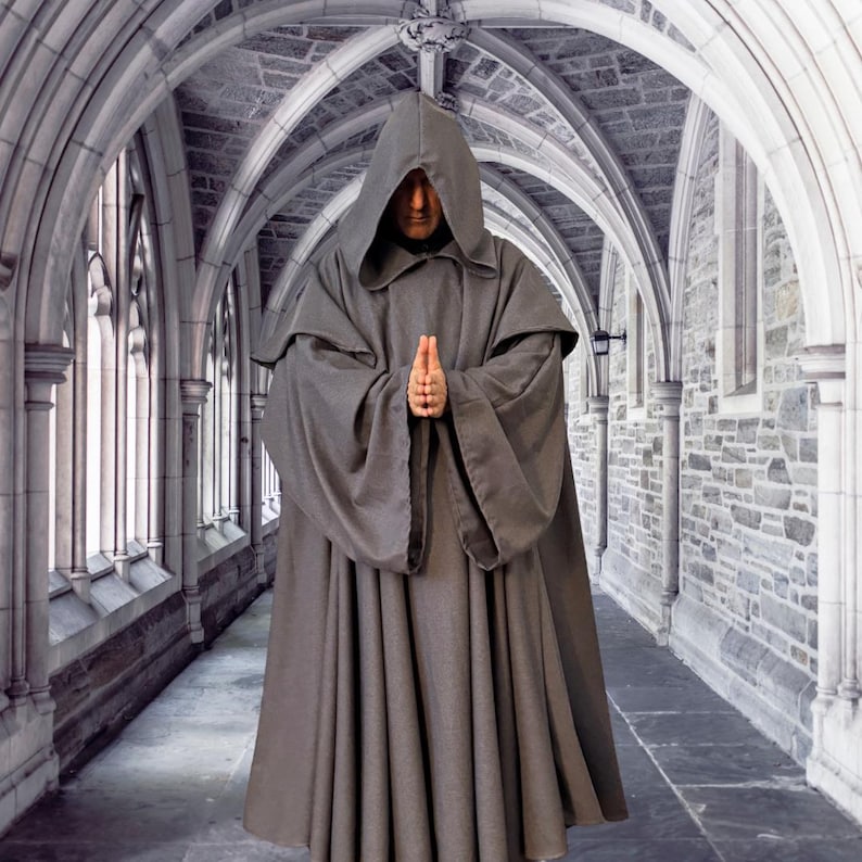 Túnica de monje con capucha de lino gris, hábito de sacerdote medieval, capa de mago. imagen 2