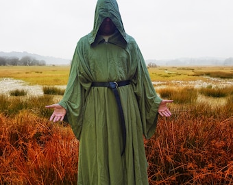 Olive Linen Hooded Cloak, Wizard Cloak w/ Pockets, Cosplay Medieval Cloaks, Full Length