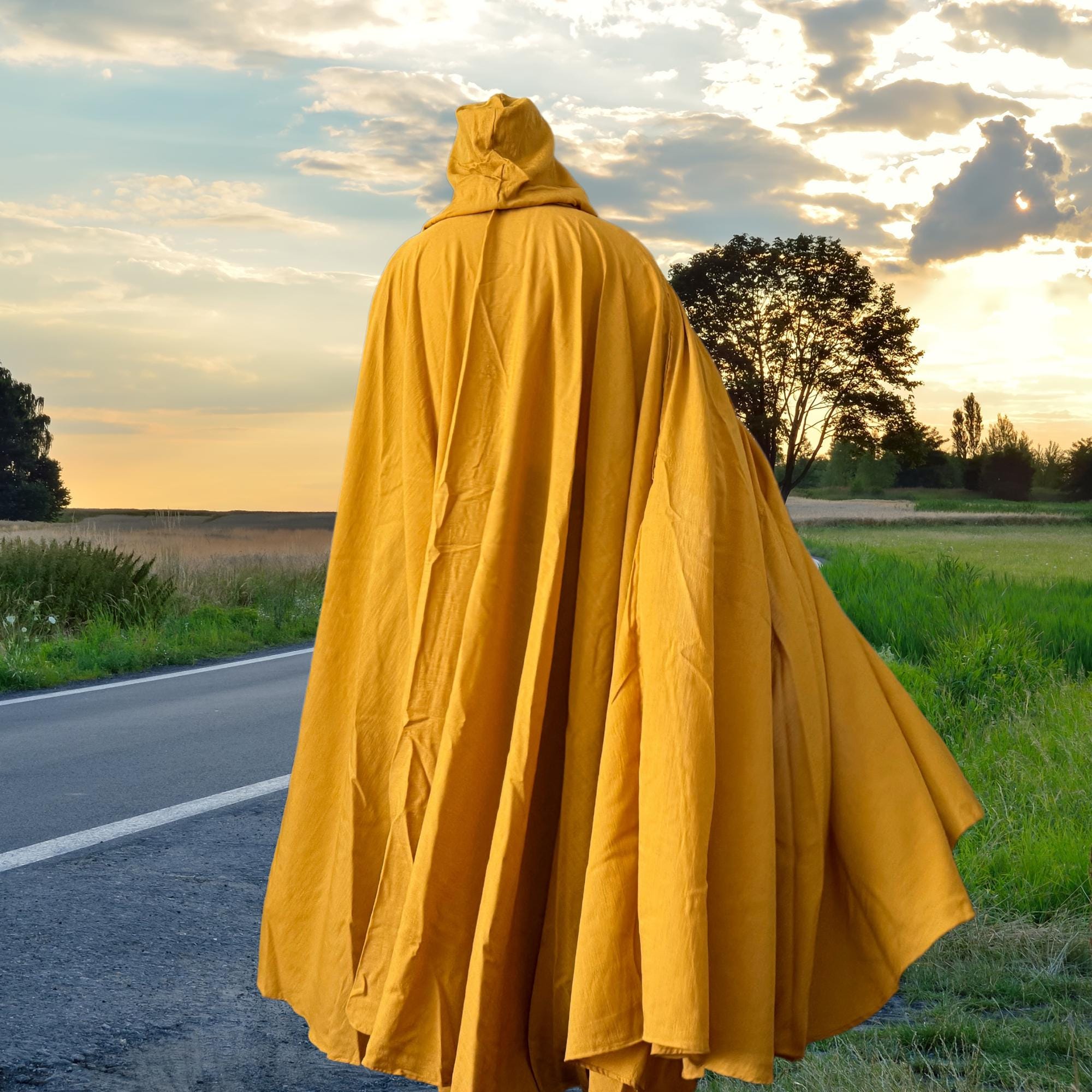 Linen Mustard Yellow FULL Circle Cloak, Hooded Cloak, Linen Cloak