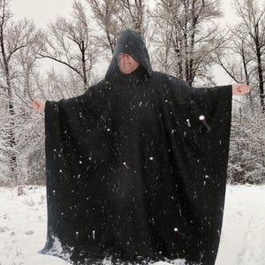 Black Pure WOOL Hooded Cloak~Handmade Costume & Fashion Cloak~Custom Length