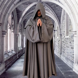 Túnica de monje con capucha de lino gris, hábito de sacerdote medieval, capa de mago. imagen 5