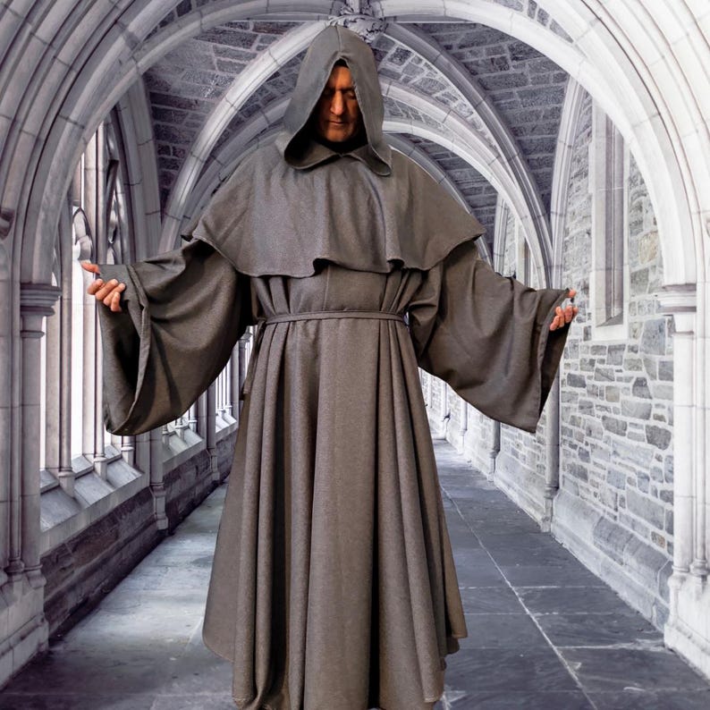 Túnica de monje con capucha de lino gris, hábito de sacerdote medieval, capa de mago. imagen 3