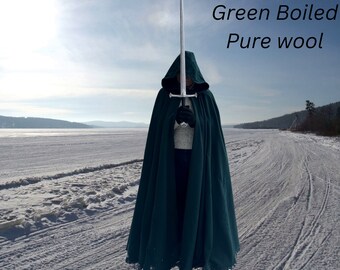 Boiled Wool Dark Green Cloak~ Full Circle Cloak~ Hooded Cloak W/POCKETS~ Cape/Coat~