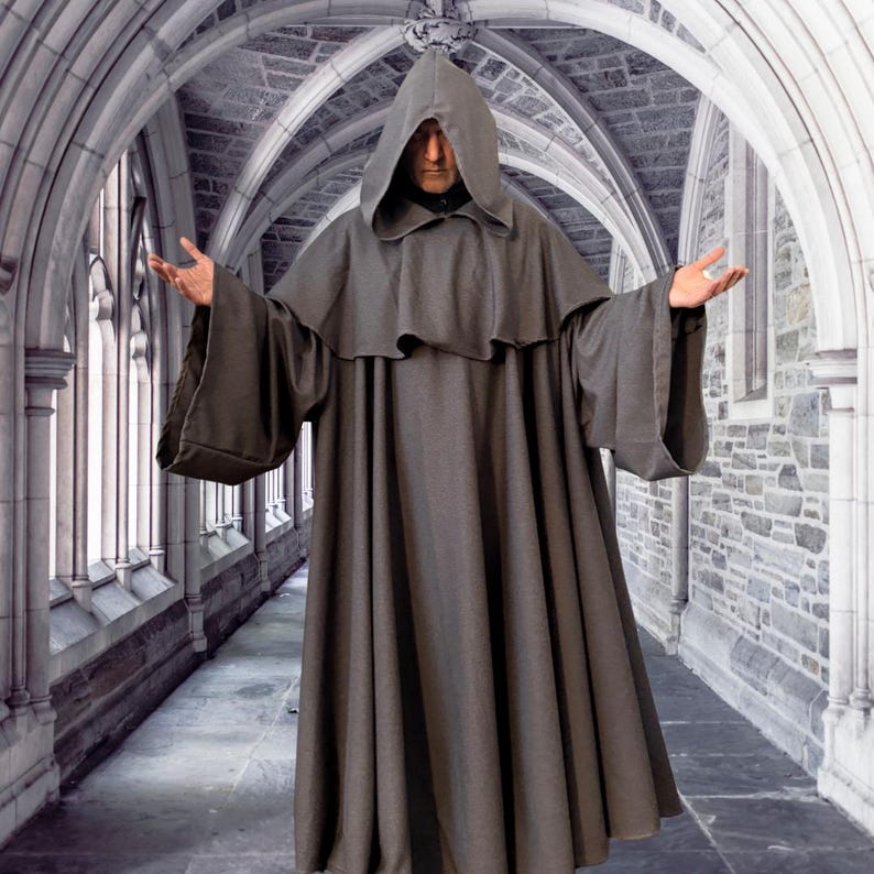 Túnica de monje con capucha de lino gris, hábito de sacerdote medieval, capa de mago. imagen 6