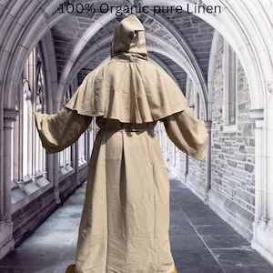 Organic Linen Robe~ Beige Monk Robe~ Fantasy Monk Cassock Robe With Hood~ Hermit Cassock~ Medieval Costume~ Hooded Monk w/Pocket~