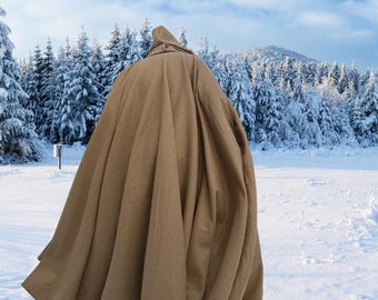 Melton Wool Hooded Cloak: Camel Brown Half Circle with Large Pockets