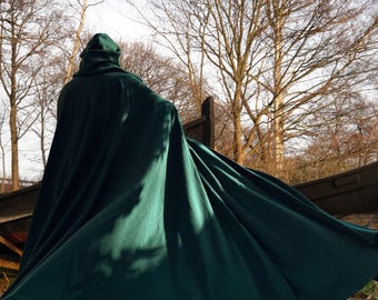 Dark Green Hooded Full Circle Cloak, Large Pockets, Medieval Cosplay Cloak, Custom Length