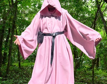 魔法使いのマント、フード付きポケット付きマント、中世風コスプレマント、パステルピンクのフルレングス