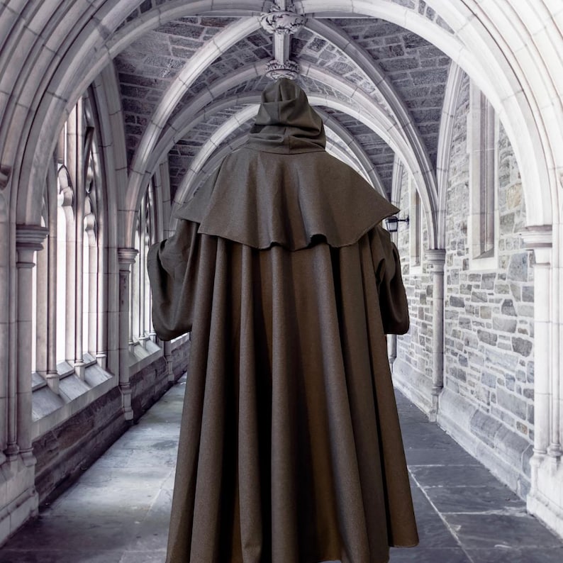 Túnica de monje con capucha de lino gris, hábito de sacerdote medieval, capa de mago. imagen 4