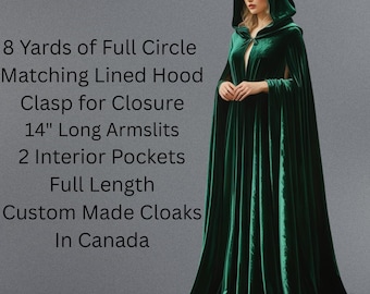 Emerald green velvet FULL Circle Cloak, Matching LINED Large Hood, W/2 Pockets, Custom length