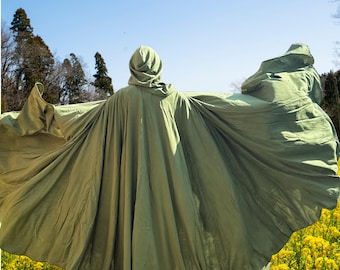 Olive Green Organic LINEN Full Circle Cloak~Hooded Pockets Cloaks~Custom Made