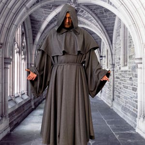 Túnica de monje con capucha de lino gris, hábito de sacerdote medieval, capa de mago. imagen 1