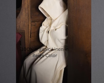Túnica de monje de lino orgánico color crudo con capucha, túnica medieval con bolsillos.