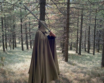 Linen Ranger Cloak~ Knight's cloak~ Khaki Olive Full Circle hooded Cloak with Pockets~ Olive Drab  Medieval Cloak~