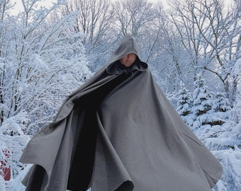 PURE WOOL Grey Melton Cloak, FULL Circle Hooded Cloak, Large Pockets, Custom Length