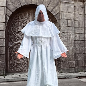 Medieval Monks Habit,  Hooded cowl , 3 piece set~ Pocket Robe~ Cosplay Monk Robe~ White Cotton  Monk Robe