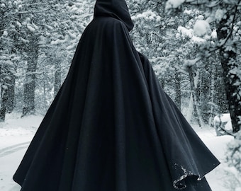 Dark Grey Melton Pure Wool Full Circle Hooded Cloak, Large Hood, 2 Pockets, Winter Cloak