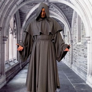 Medieval Monk Full Sleeves Robe~ Hooded Cowl, Pocket Robe~ Religious Robe~ PLUS SIZE Monk Habit Robe~ Grey Monk Robes