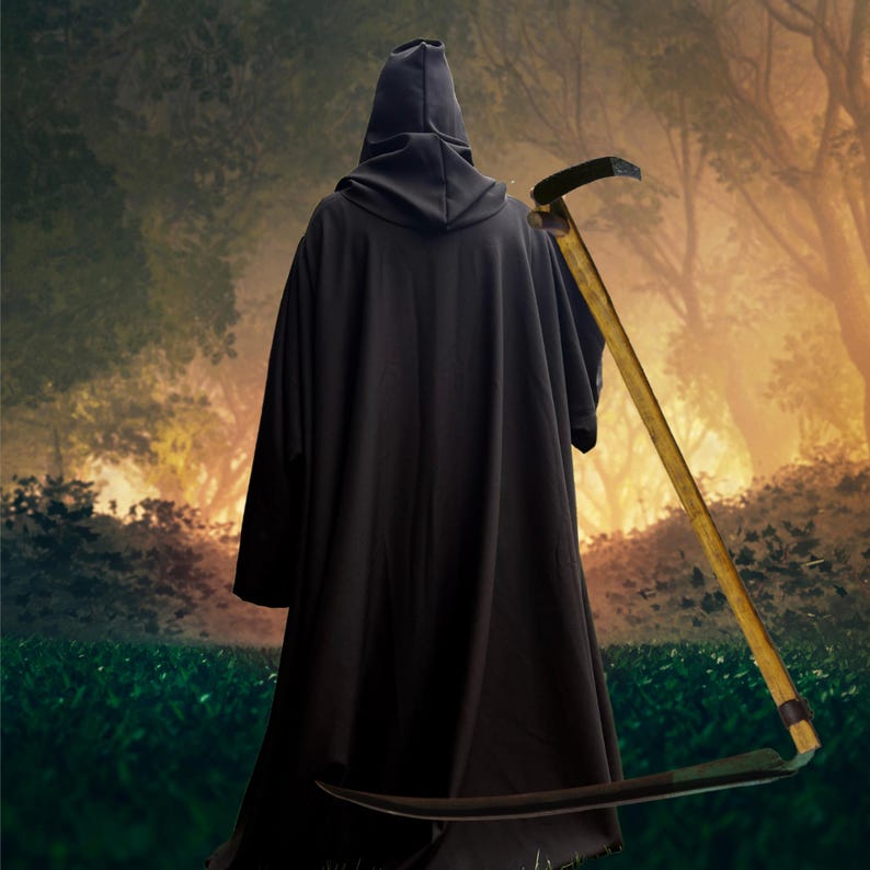 May include: A figure wearing a long, black hooded cloak standing with their back to the viewer. A large scythe with a long wooden handle and a curved metal blade is positioned diagonally behind the figure, resting against their shoulder.